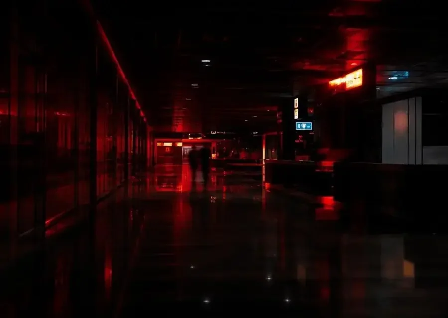 深夜机场通道暗红光影氛围图